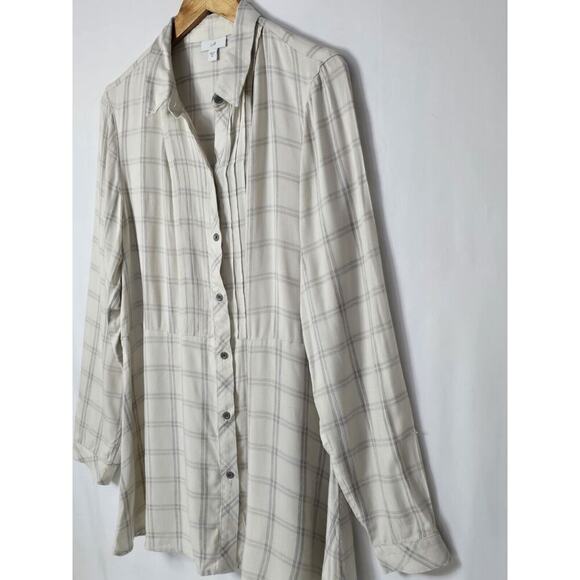 J Jill Womens Plaid Tunic Top Size Medium Tan Button Down Pleated Shirt - Picture 2 of 5